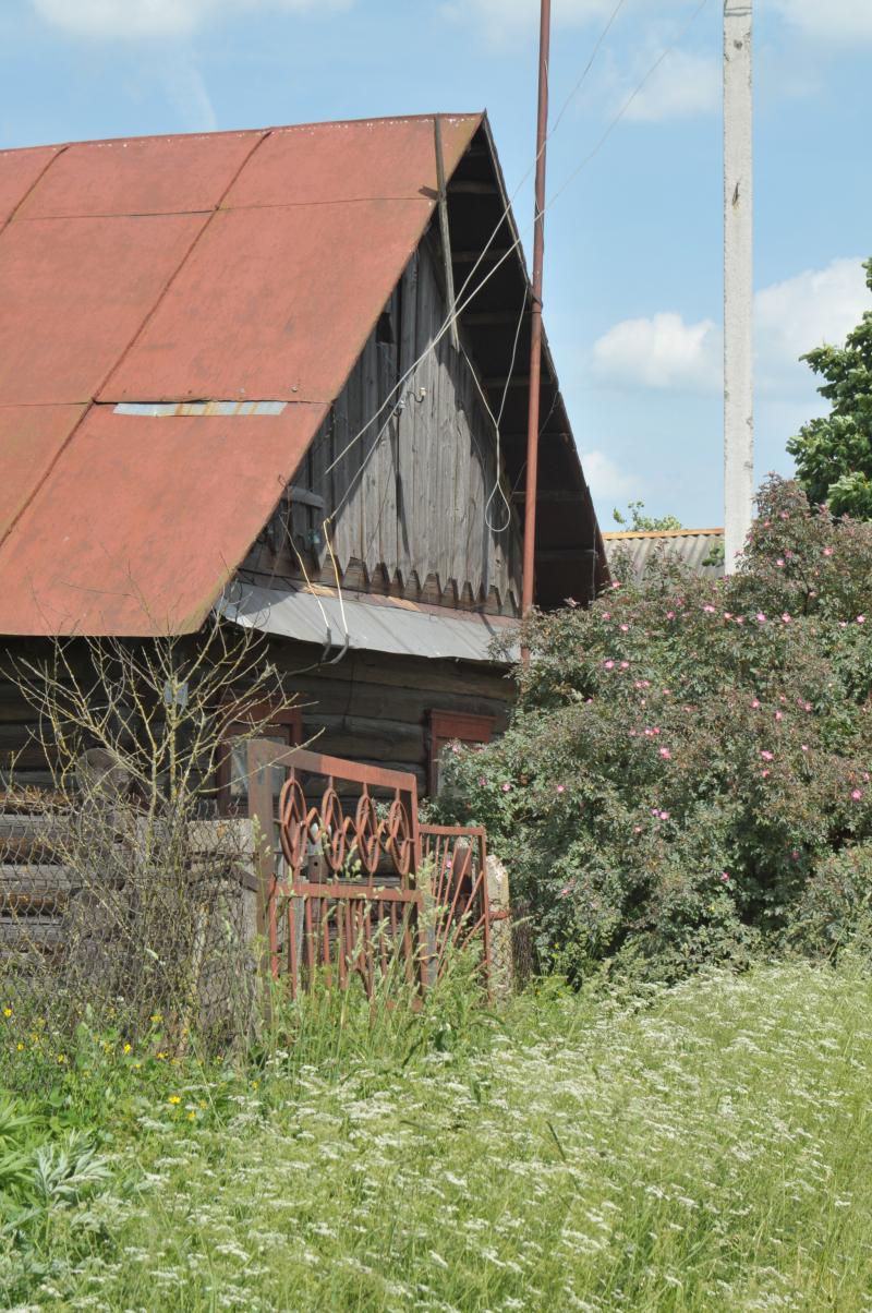 Auffälliges Holzhaus mit dekorativem Tor