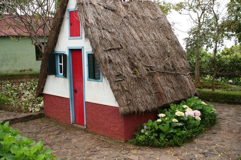 Piccola casa con porta rossa in un ambiente verde