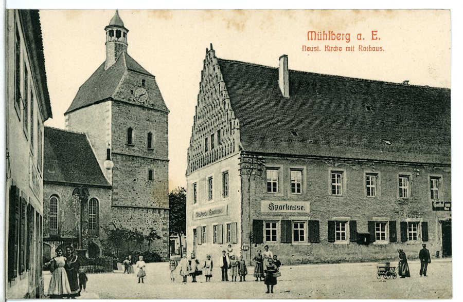 File:09472-Mühlberg-Elbe-1908-Neustädter Kirche mit Rathaus-Brück & Sohn Kunstverlag.jpg