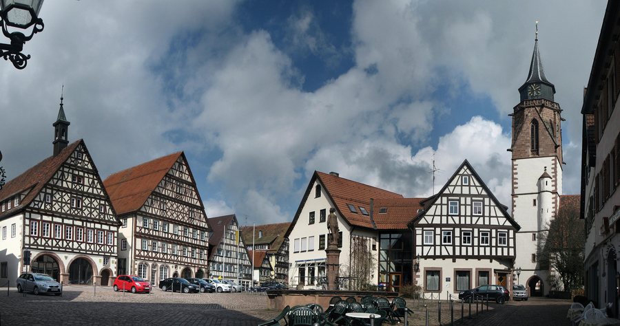 Market square and half-timbered buildings in Dornstetten