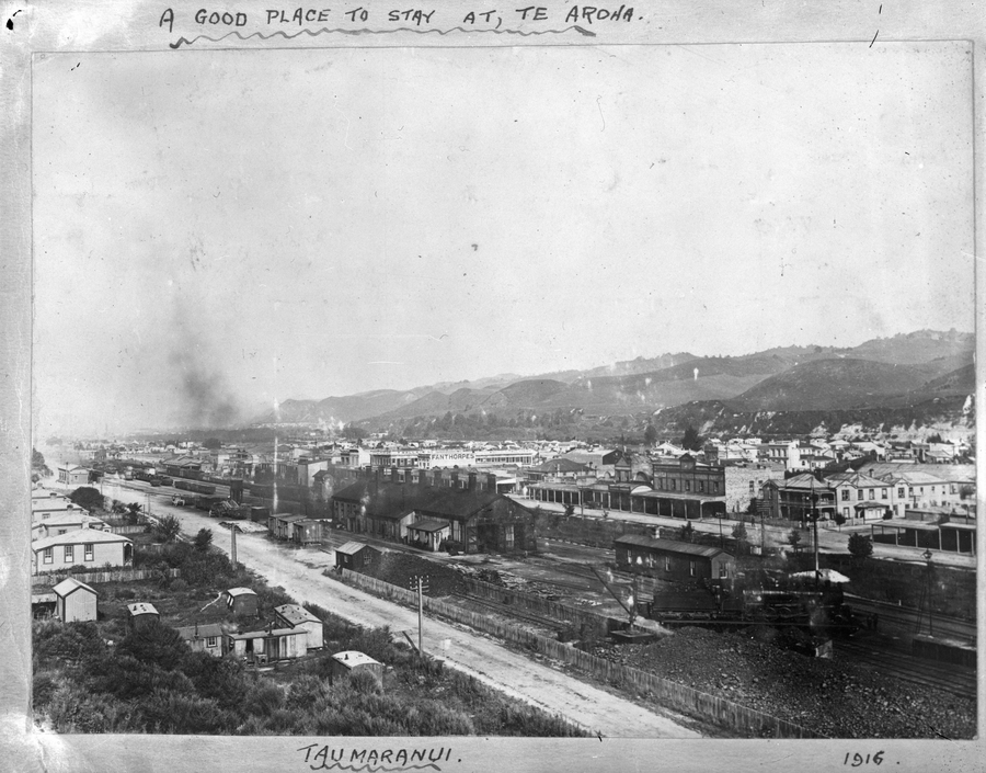 Taumarunui Railway Station and railway yards with the township beyond