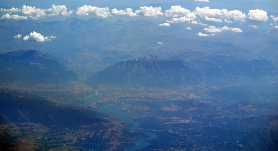 The Fierza Lake, the city of Kukës and Gjallica summit seen from above