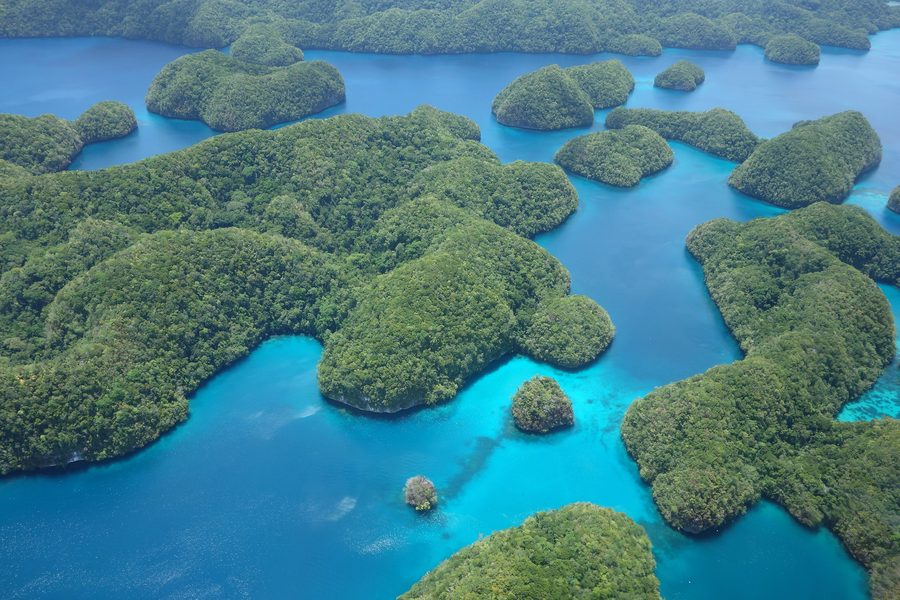 Luftaufnahme zahlreicher dicht bewachsener Kalksteininseln im türkisfarbenen Wasser der Rock Islands in Palau.