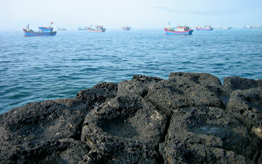 Markante Basaltformation Gành Đá Đĩa an der Küste von Phu Yen