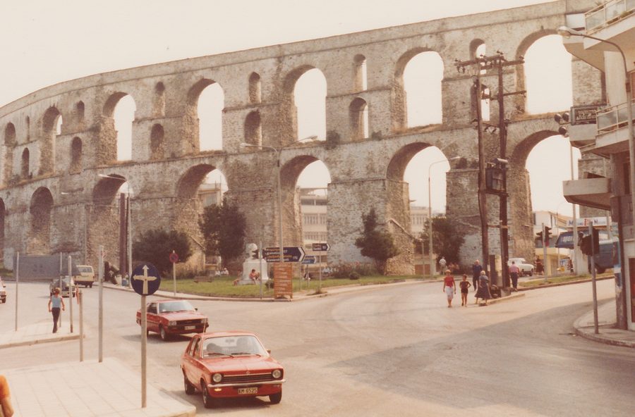 The Kamares aqueduct spanning above Kavala, Greece.