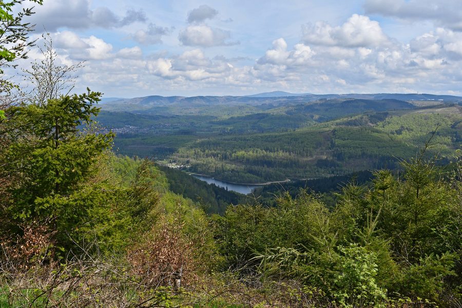 Vista dalla Lageswarte sull’Innerstetalsperre e sul paesaggio boscoso