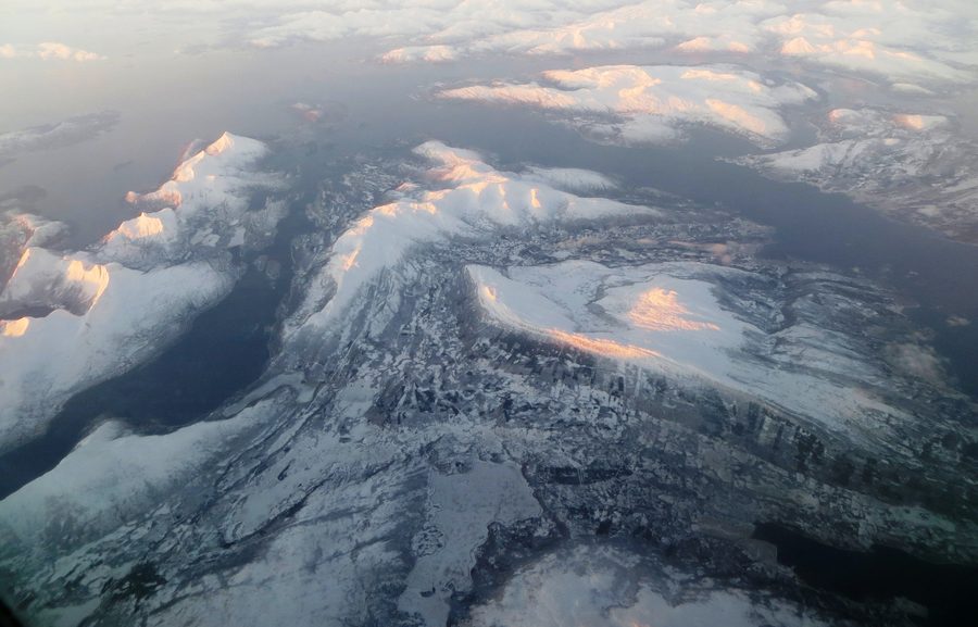 Aerial view of Ofotfjorden and the former Ballangen area in northern Nordland, Norway