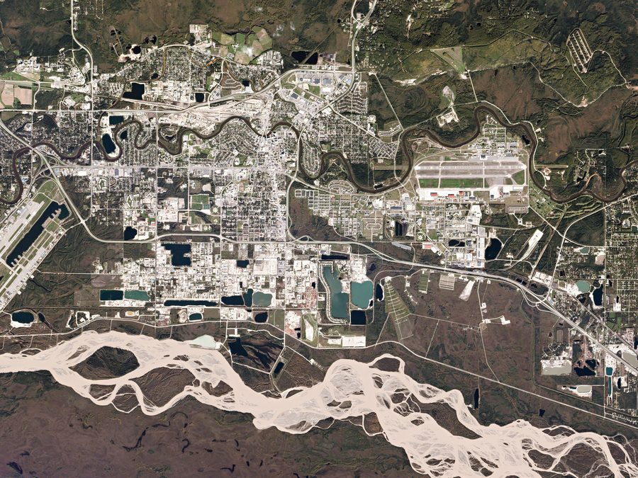 Aerial view of Fairbanks, Alaska, with the braided Tanana River nearby