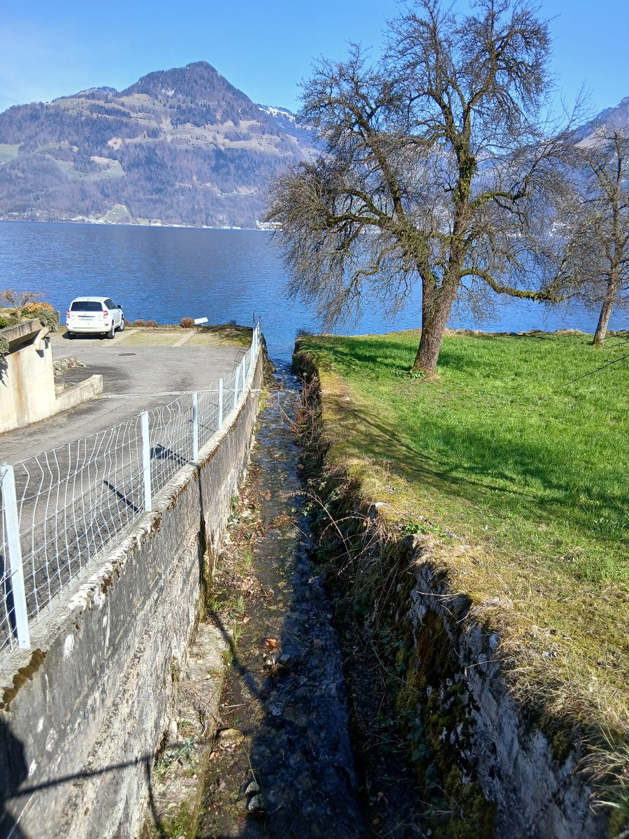 Lake Lucerne shoreline at Beckenried in Nidwalden, where a river enters the lake.