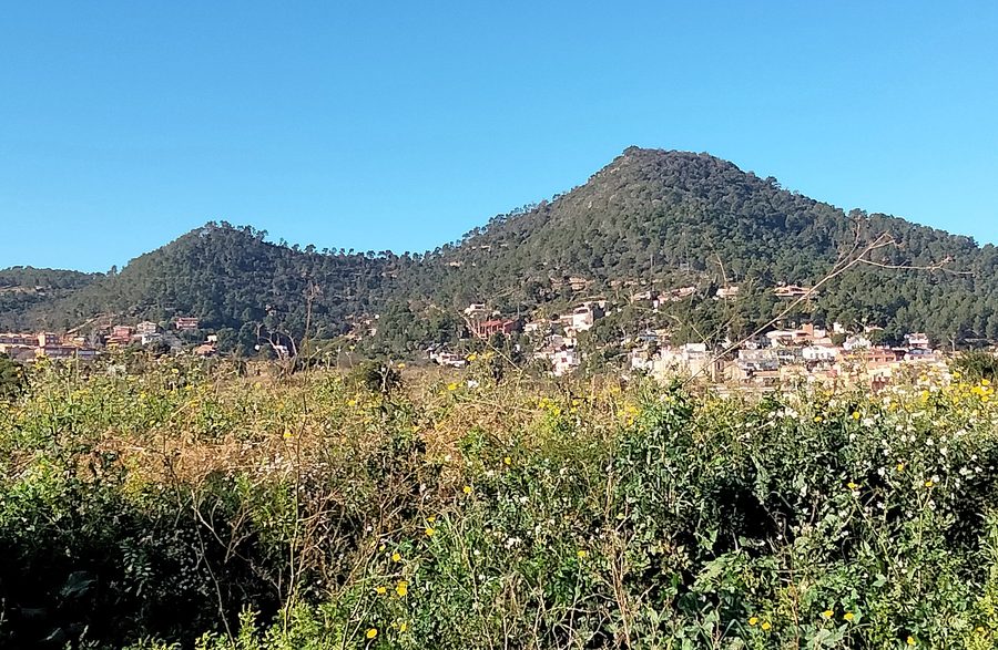 La collina del Rebaixí e il Montpedrós visti dalla Colònia Güell, a Santa Coloma de Cervelló