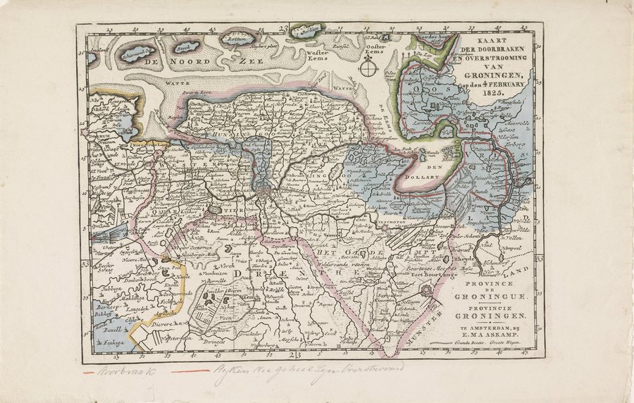 File:Kaart van het gebied in Groningen getroffen door de overstromingen in 1825 Province de Groninguee Provincie Groningen Kaart der Doorbraken en Overstrooming van Groningen, op den 4 February 1825 (titel op object) Vijf k, RP-P-OB-87.464.jpg