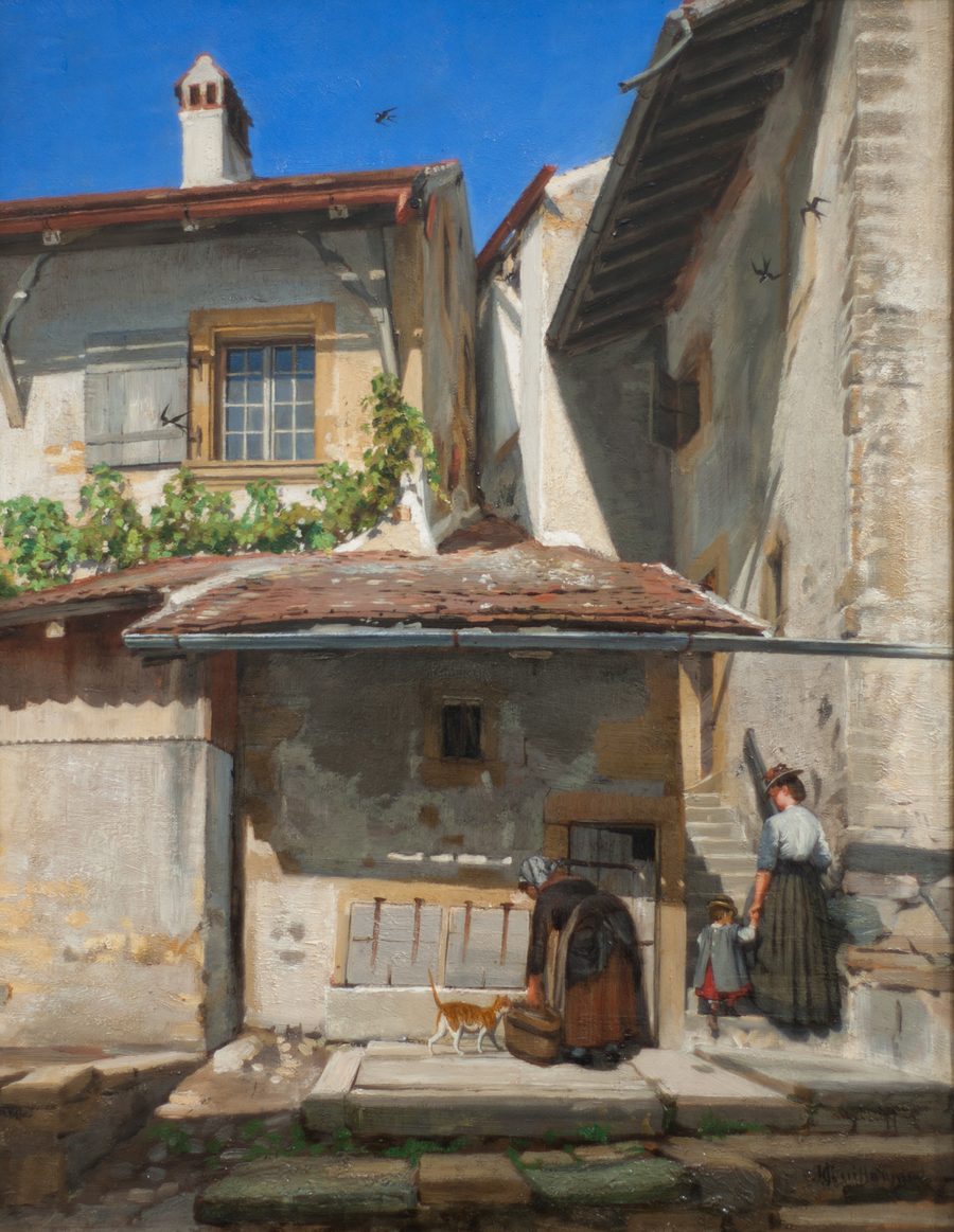 Vista dall’alto del villaggio storico di Saint-Blaise, dipinto a olio su legno
