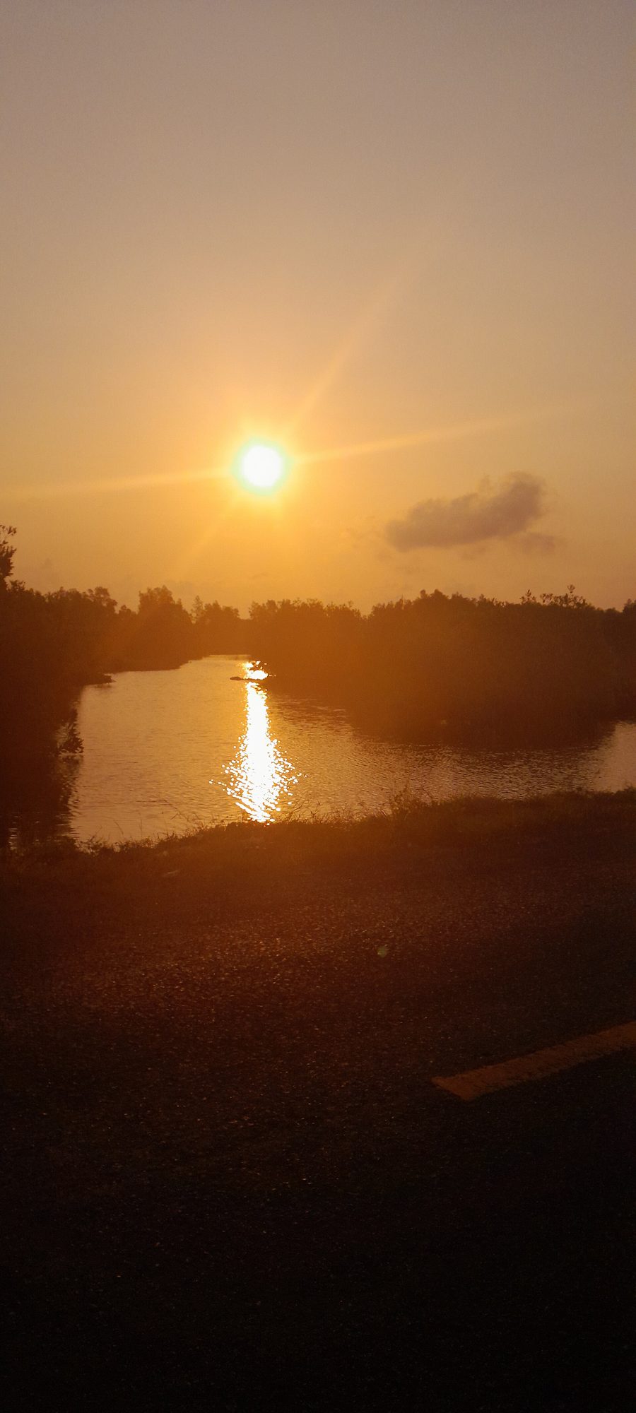 Sonnenaufgang über einem Fluss zwischen Mangroven in Cà Mau, Vietnam
