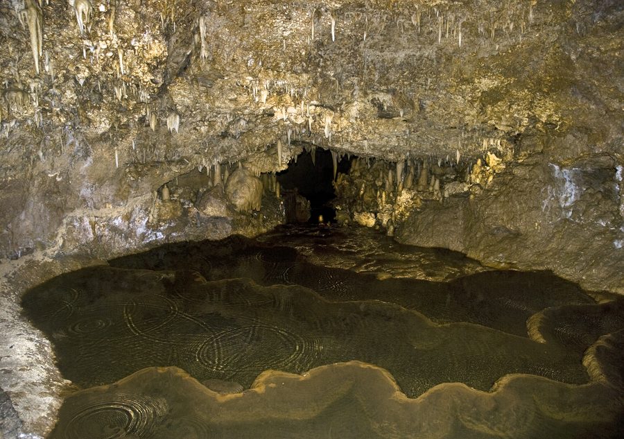Harrison's Cave in Barbados with limestone formations, flowing streams and clear pools
