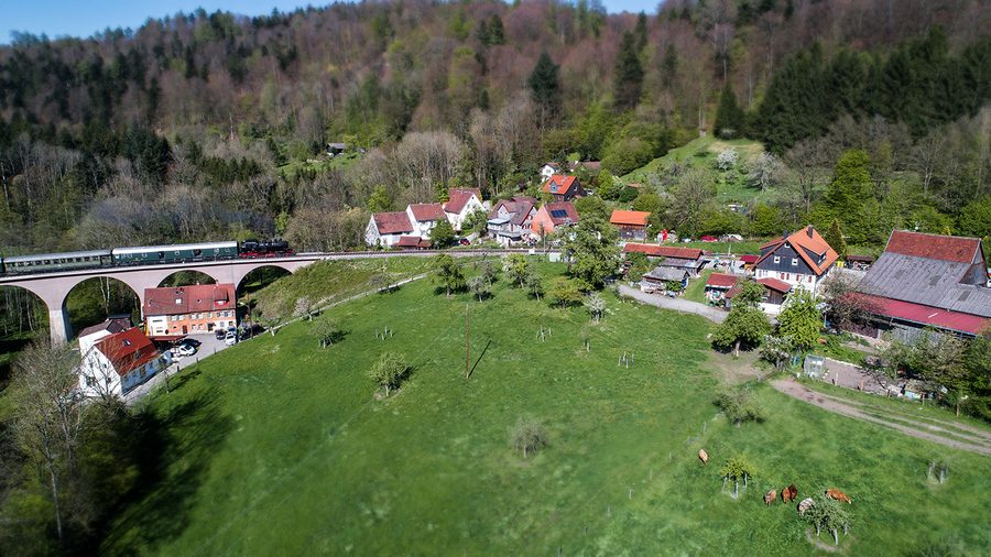 Historischer Zug der Schwäbischen Waldbahn über dem Strümpfelbachviadukt