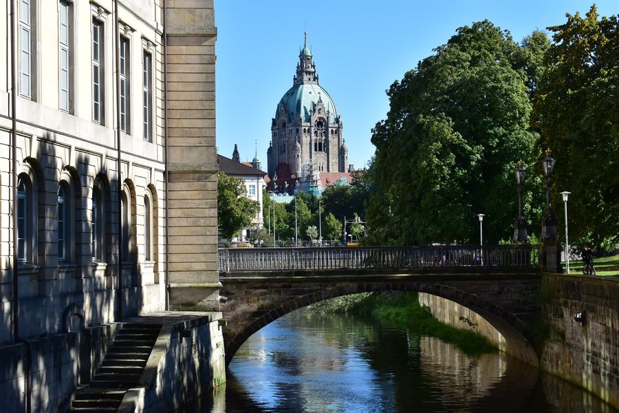Nuovo Municipio di Hannover, Bassa Sassonia, visto dal Leineschloss