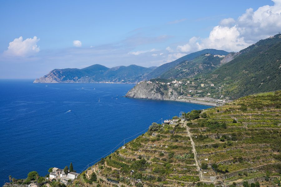 Wide view of the Cinque Terre coastline from above Manarola, with steep hills above the Ligurian Sea.