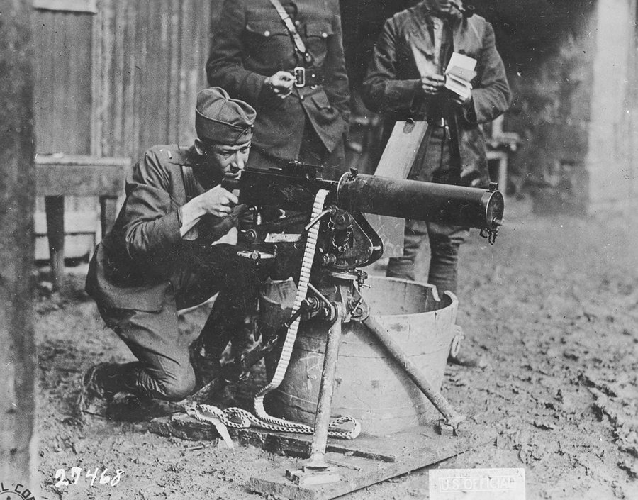 File:US Army 2nd Lt. Valmore A Browning firing a Browning machine gun. This gun was used in the Argonne Sector and is being tested by 2nd Lt. Browning at Thillombois Meuse, France, 5 October 1918. (49065189752).jpg