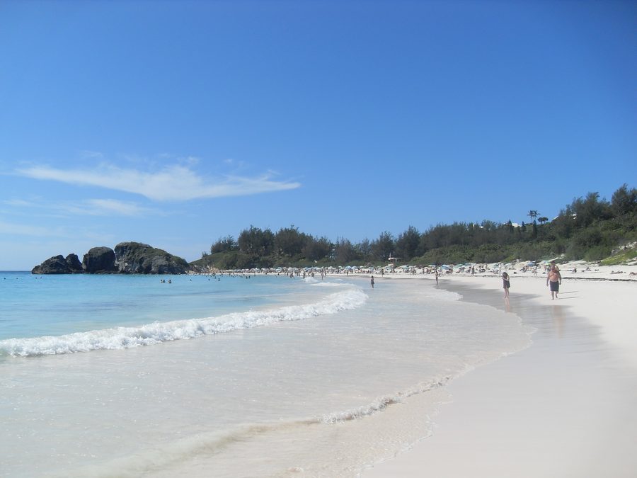 Pink-sand Horseshoe Bay Beach curving along Bermuda’s south shore.