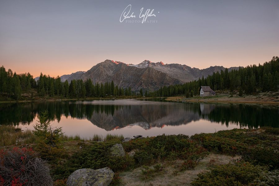 Lake San Giuliano at dawn with Cima Presanella in the Adamello-Brenta Natural Park