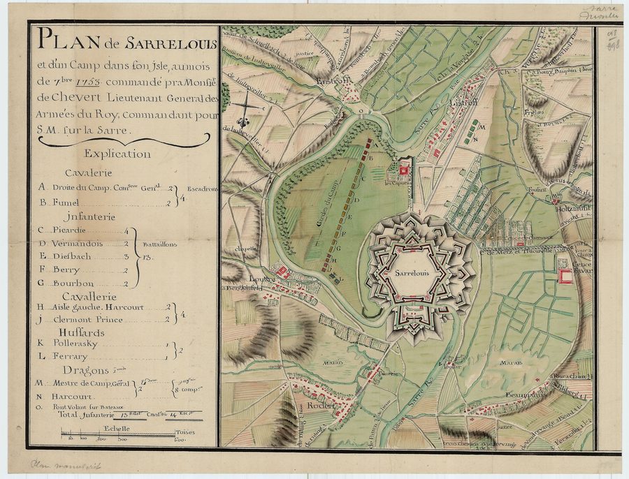 Pianta storica della fortezza di Saarlouis e dei suoi dintorni del 1753
