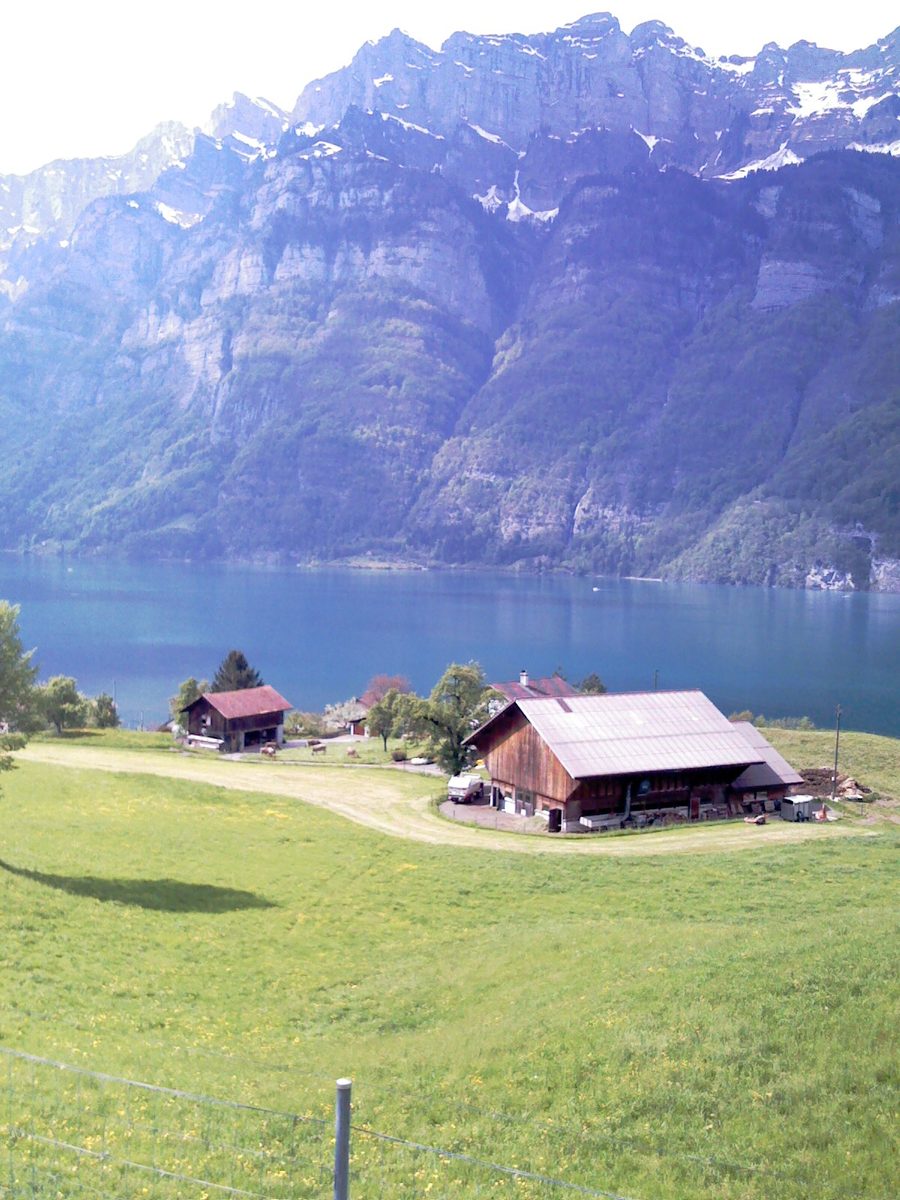 Blick über den Walensee bei Unterterzen mit Bergen im Hintergrund.