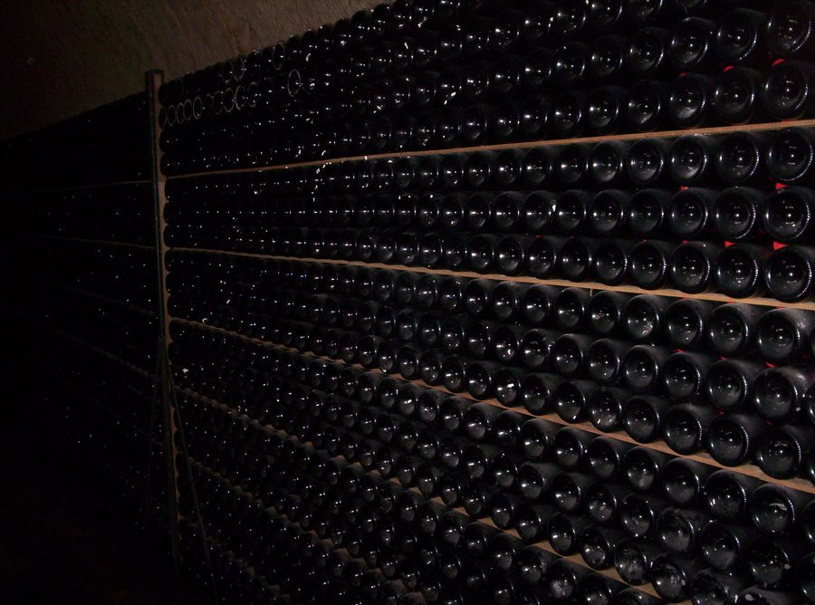 Allineamento di bottiglie durante una visita alle cantine Mercier a Épernay, Marne, Francia