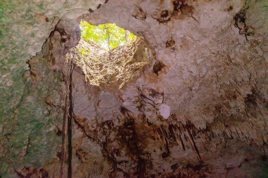 Blick in den Cenote Dos Ojos auf Yucatán mit türkisfarbenem Wasser und Kalksteinformationen.