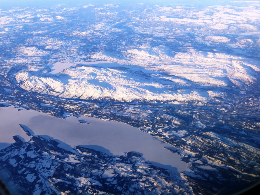 Aerial view of Snåsavatnet with surrounding hills in Nord-Trøndelag.