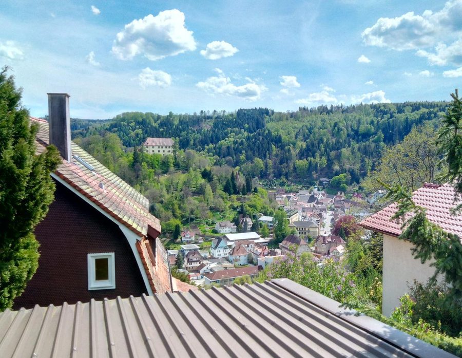 Blick von oben auf das Ortszentrum von Neuenbürg mit Schloss und Enzschleife