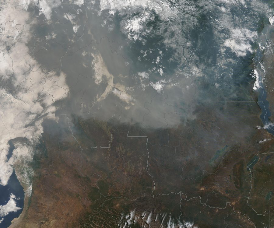 Immagine satellitare di incendi in Africa centrale con fumo e aree bruciate.