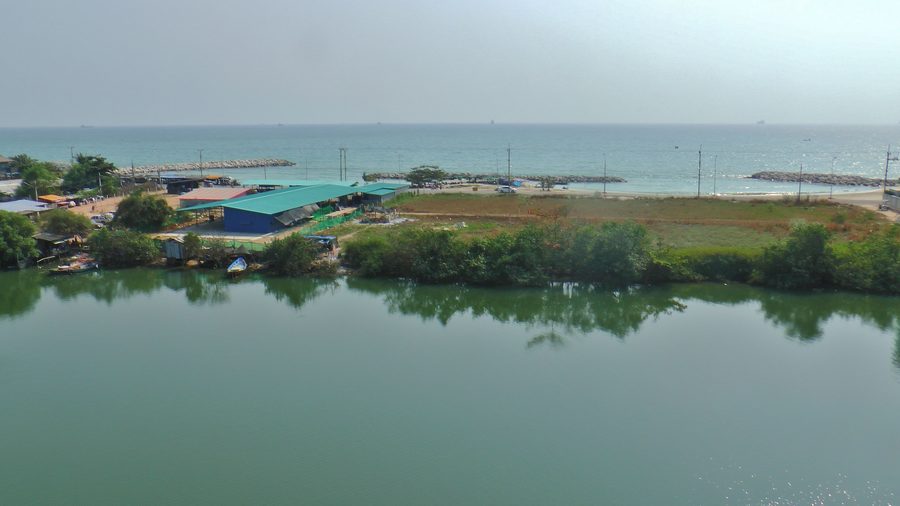 Vista dalla torre panoramica del parco delle mangrovie di Rayong sul fiume Rayong verso il Golfo di Thailandia