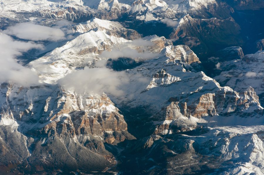Aerial view of Vigo di Fassa surrounded by the Dolomites