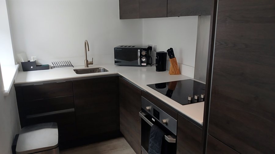File:Hotel room kitchen in building on Chapel Street, Salford, Greater Manchester, England, on 5 October 2025.jpg