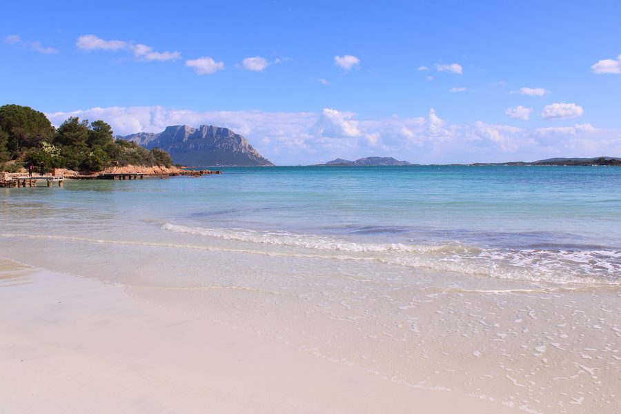 Spiaggia di Porto Istana con sabbia chiara e vista su Tavolara