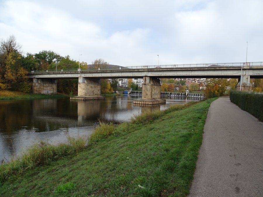 Berounka river with the T. G. Masaryk bridge and a weir in Beroun