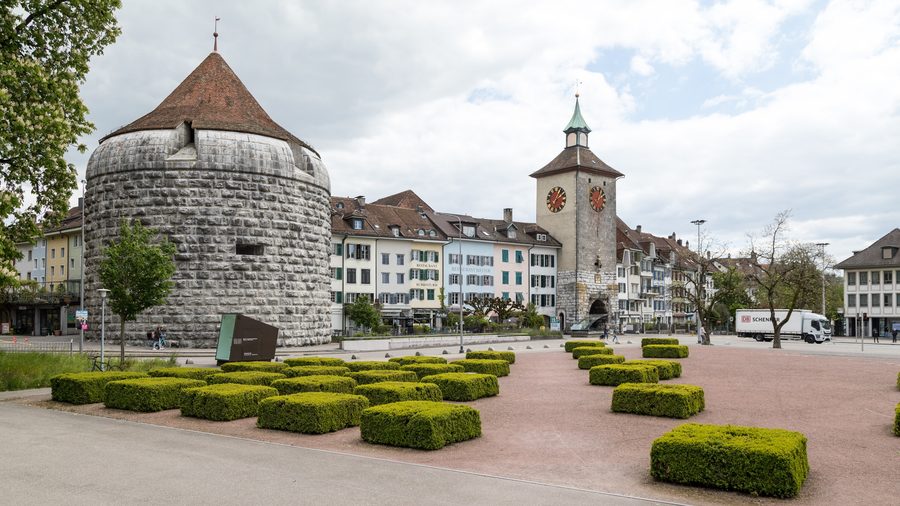 Historic old town buildings and Bieltor in Solothurn.
