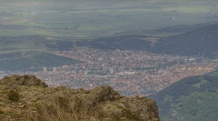 Sliven seen from Karandila with the Balkan Mountains behind it.