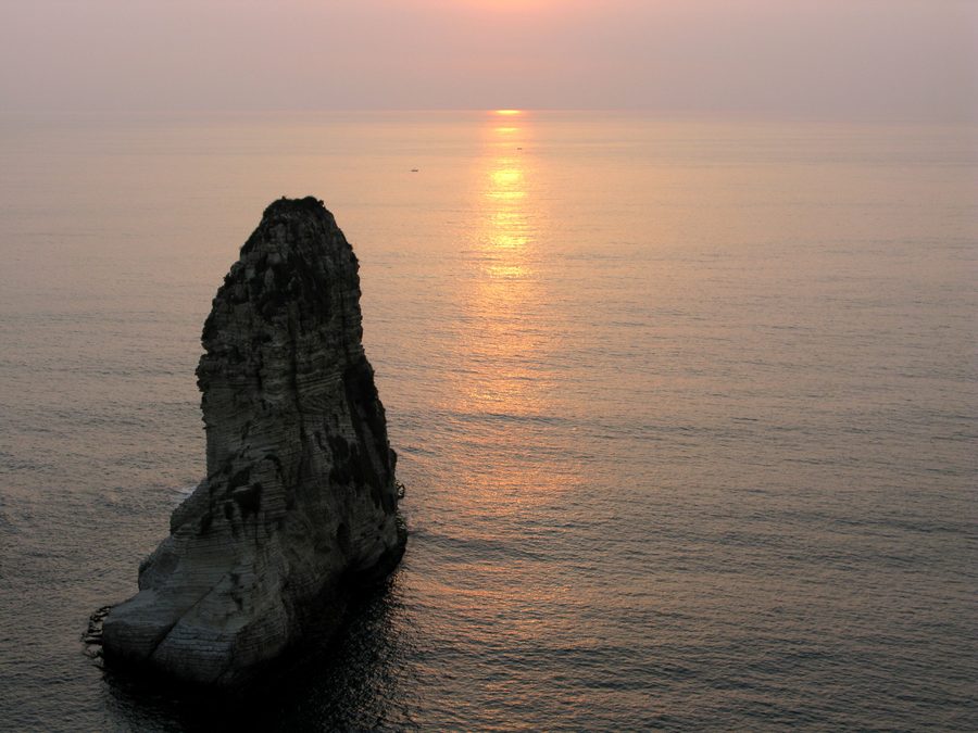 Pigeon Rocks and the Mediterranean shoreline in Beirut, Lebanon