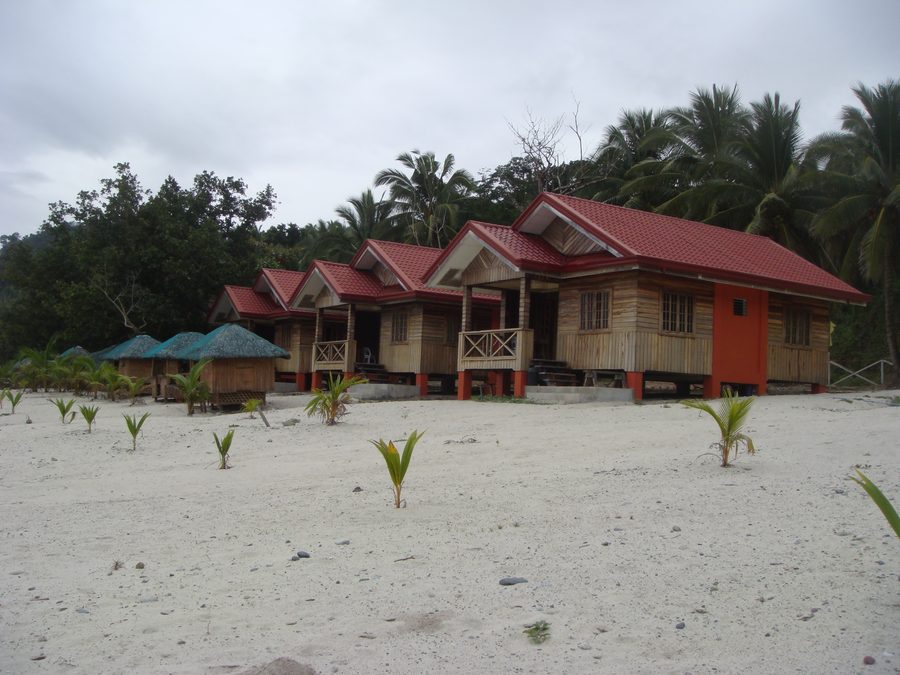 A long white-sand beach in Dinadiawan, Aurora, with ocean waves and a forested mountain backdrop.