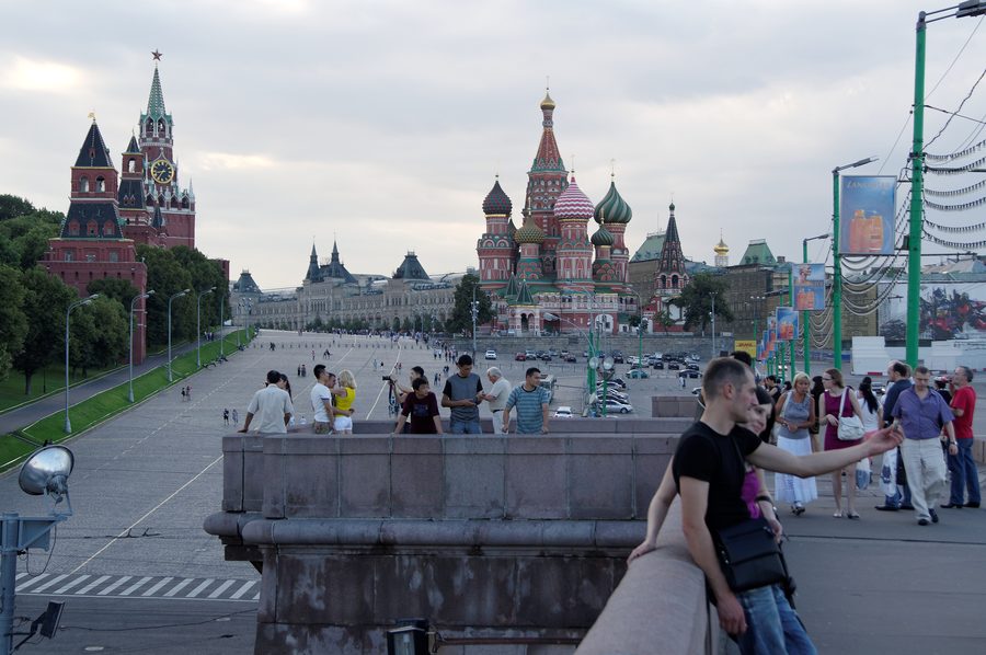 The Moscow Kremlin and Red Square seen from across the river in Moscow.