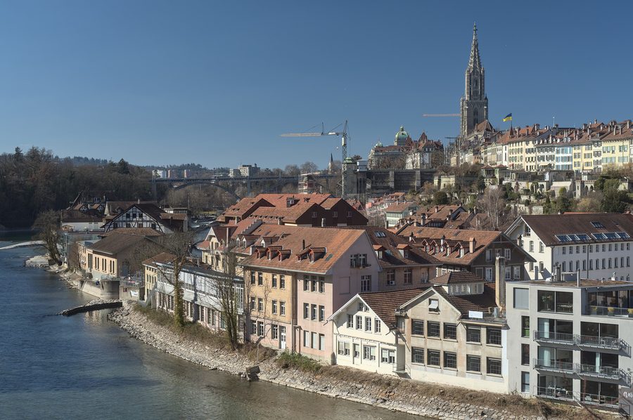 Historic Bern old town with the Aare river curving around it.