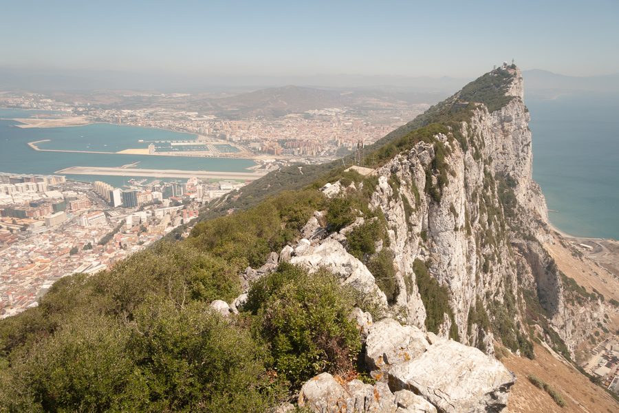 The Rock of Gibraltar rising above the surrounding coastline.