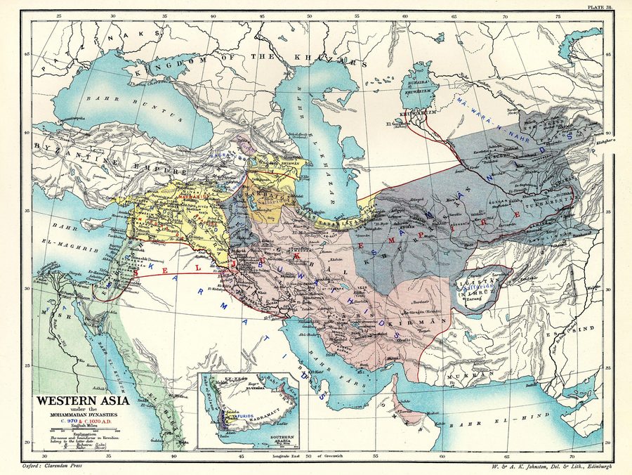 Mappa storica delle dinastie maomettane in Asia occidentale dal 970 al 1070.