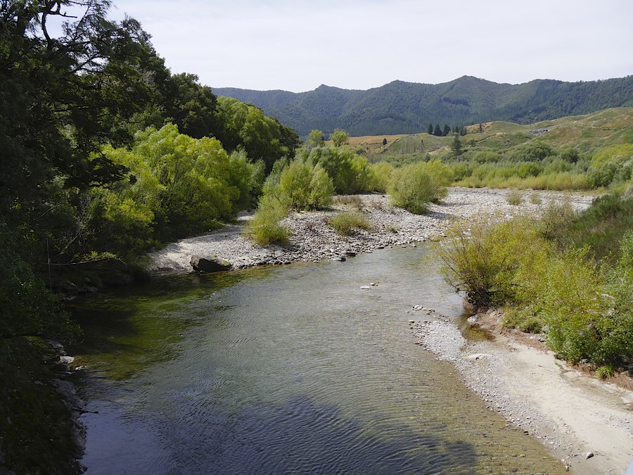 Vista di Owen River nel Tasman District, Isola del Sud, Nuova Zelanda, guardando verso nord-est dal ponte della SH 6