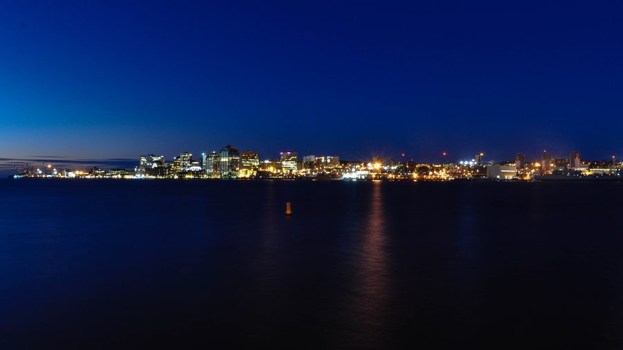 Halifax waterfront along the harbor in Nova Scotia.