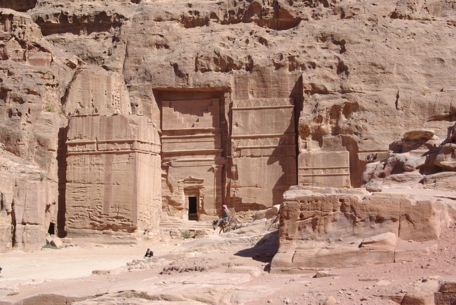 Rock-cut facades in the outer Siq at Petra, Jordan.