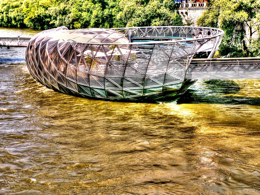 The Murinsel floating in the Mur River in Graz.