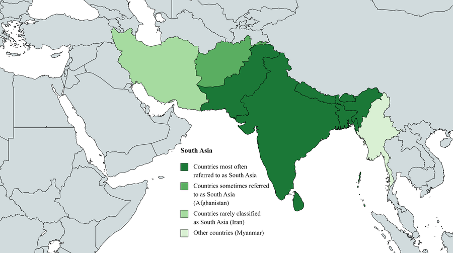 Mappa con i confini e le definizioni dell’Asia meridionale.