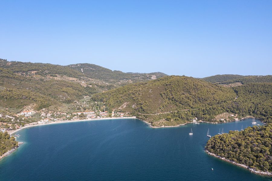 Veduta aerea della spiaggia di Panormos a Skopelos con acqua turchese e costa boscosa